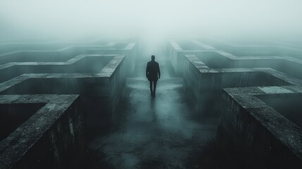A man in a business suit stands at the entrance to an endless maze, symbolizing difficulties and uncertainty.