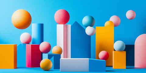 Leinwandbilder - Abstract colorful minimalist scene with geometric shapes and spheres on blue background
