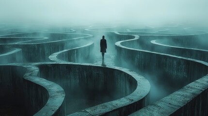 A man in a business suit stands at the entrance to an endless maze, symbolizing difficulties and uncertainty.