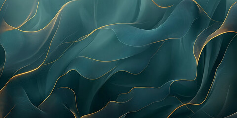 Wall Mural - Abstract dark teal green liquid background with golden lines flowing