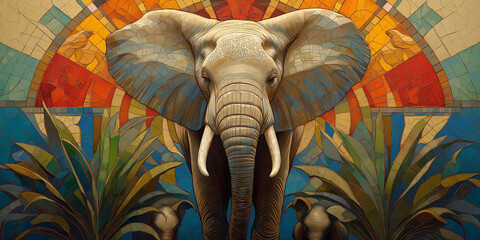 majestic elephant posing in a colorful mosaic style