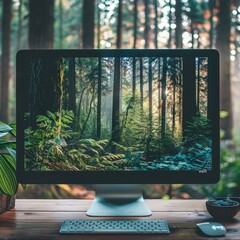 A sleek computer monitor displays a serene forest scene, blending technology with nature's beauty in a tranquil workspace.