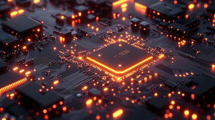 Close-up of a lit-up computer chip on a circuit board.