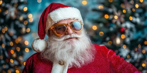 Wall Mural - Santa claus wearing sunglasses smiling in front of christmas tree