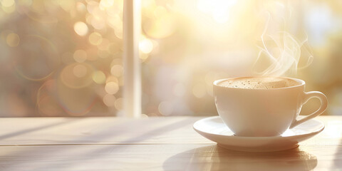 Wall Mural - White Cup on Wooden Tabletop Autumn Background, autumn background, cup on wooden table, white cup 