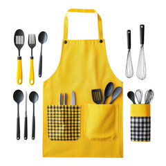 Wall Mural - Bright yellow apron with kitchen utensils on a black background. Ideal for cooking, baking, and culinary themes.