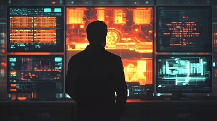 Wall Mural - silhouetted figure monitoring advanced digital dashboard in crisis situation