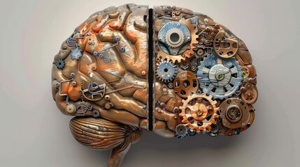 A human brain with a piece missing, replaced by gears and circuits, discussing the augmentation and enhancement of human intelligence through technology