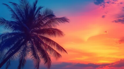 Wall Mural - majestic palm tree silhouette tropical sunset sky vibrant gradient background