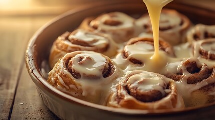 Floating Cinnamon Rolls with Icing Pouring in Warm Morning Light