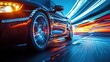 A car parked by the side of the road while the headlights of passing vehicles blur into streaks of light. The car stays motionless and sharply detailed, symbolizing stillness against a backdrop of