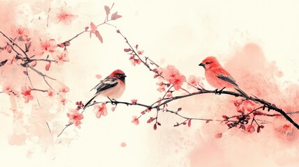 Watercolor Painting of Two Birds on a Branch of Pink Blossoms