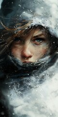 woman blue eyes hood stunning ski female protagonist girl plaster cheek face coated white cold breath young angry rogue snowy