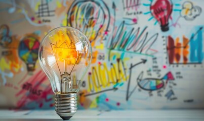 Poster - A Lit Light Bulb in Front of a Colorful Hand-Drawn Background