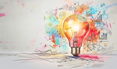 Poster - Illuminated Light Bulb Surrounded by Abstract Watercolor and Hand-Drawn Charts and Graphs