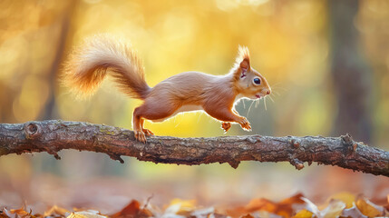 Wall Mural - Squirrel running on a branch in autumn forest