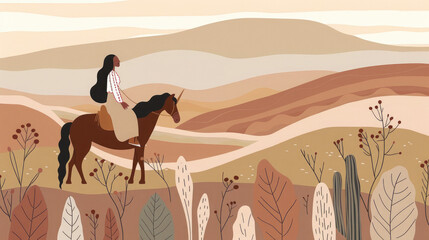 Wall Mural - A woman is riding a horse in a field with a mountain in the background