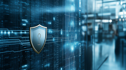 Leinwandbilder - Cyber security system protecting data with shield lock on server room background