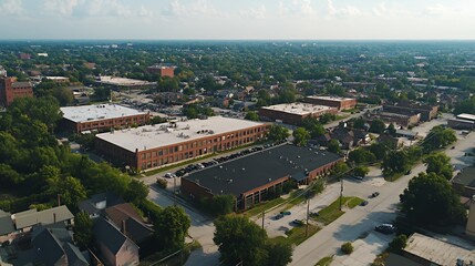 Aerial view of a city with industrial buildings, houses, and streets surrounded by trees.