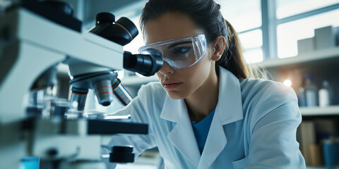 Poster - Female scientist wearing safety glasses using a microscope in a laboratory