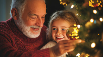 Wall Mural - Grandfather and granddaughter decorating christmas tree together