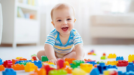 happy baby boy playing with colorful building blocks on the floor