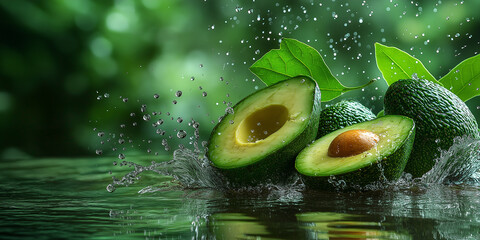 Wall Mural - Ripe avocado splashing in water with green background