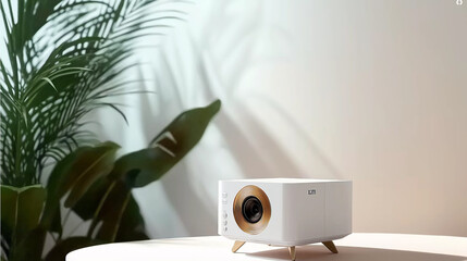 Aufkleber - Modern white and gold projector standing on a table with a plant in the background