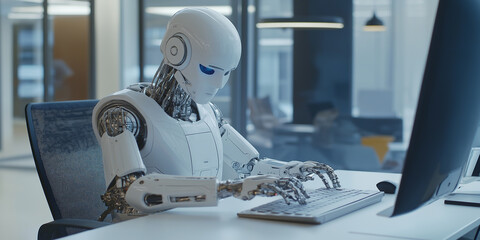 Poster - Futuristic robot sitting at desk and working on computer in modern open space office