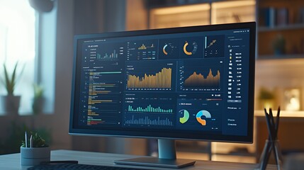 A computer monitor displaying data charts and graphs, on a desk in an office.