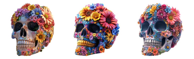 Decorative colorful skulls with floral patterns, isolated on transparent background