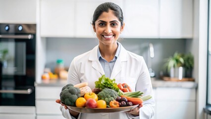 Indian Nutritionist with Healthy Food - Indian nutritionist holding a selection of healthy foods, offering dietary advice and promoting wellness.
