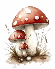 two mushrooms sitting ground colored illustration designer red white color poison listing