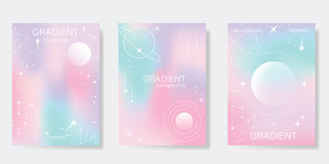 Wall Mural - Abstract pastel gradient background vector set. Minimalist style cover template with planet, star, saturn, sparkle. Modern wallpaper design perfect for poster, flyer, social media, card, prints.