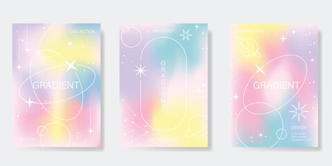 Wall Mural - Abstract pastel gradient background vector set. Minimalist style cover template with planet, star, saturn, sparkle. Modern wallpaper design perfect for poster, flyer, social media, card, prints.