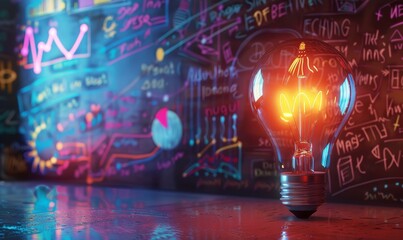 Poster - Glowing Lightbulb on a Wet Surface with Chalkboard Background