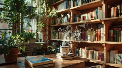 A library with an eclectic mix of books, potted plants on the shelves, and a small coffee station with a steaming cup of coffee and a stack of books on a wooden table