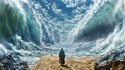 Person walking sandy beach large waves crashing against Moses pa