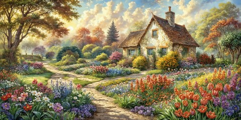 Painting beautiful garden scene small cottage background has The