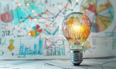 Poster - Illuminated Light Bulb on a Table with Hand-Drawn Charts and Graphs in the Background