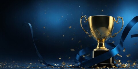 golden trophy cup dark blue background is center golden trophy a