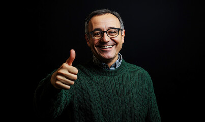 Cheerful adult male in a green sweater and glasses with a thumbs-up gesture and a broad smile, set against a black background. Portrait capturing confidence and satisfaction.