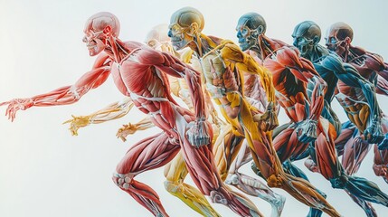 A vibrant depiction of the human muscular and skeletal systems together, focusing on the mechanics of movement and support