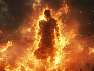 Illustrate a distant view of a character writhing in agony, surrounded by flames of searing heat Render the burning sensation with vivid detail using CG 3D