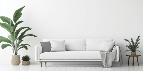 Poster - Modern living room with white sofa and green plants showing minimalist interior design