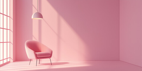 Poster - Pink armchair standing in empty room with sunlight casting through window