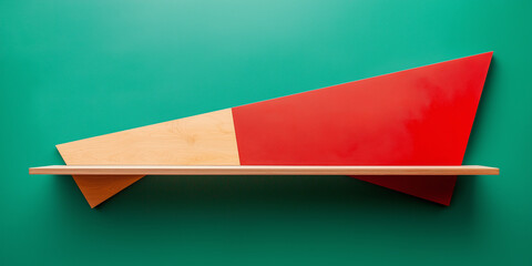 Poster - Empty wooden shelf hanging on a green wall with red geometric shape