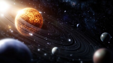 Wall Mural - solar system model with planets orbiting the sun in deep space
