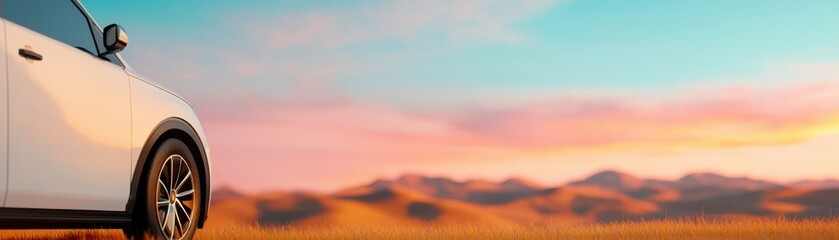 A scenic view of a white car parked in a vast desert landscape at sunset with a beautiful sky.