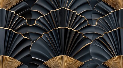 Sophisticated Art Deco background with fan patterns and metallic gold detailing on a black canvas